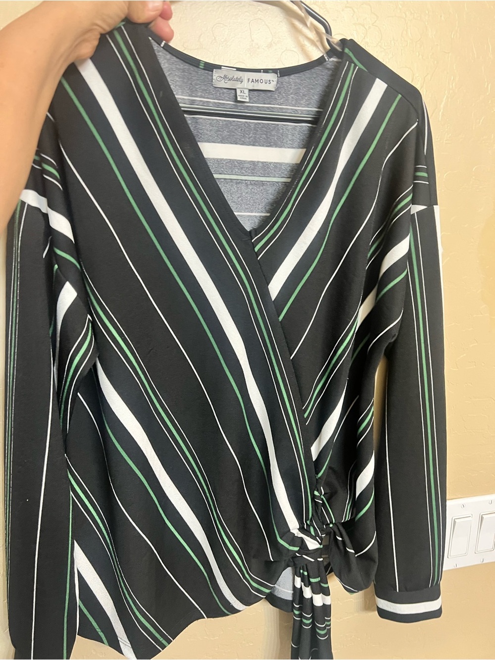 Black Striped Wrap Blouse with Green & White Accents